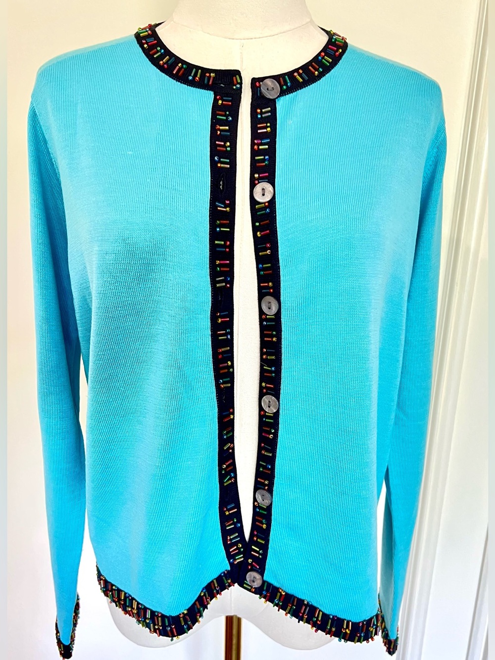 Michael Simon Teal Silk Cardigan Hand Beaded Trim Collectible Sz M‎